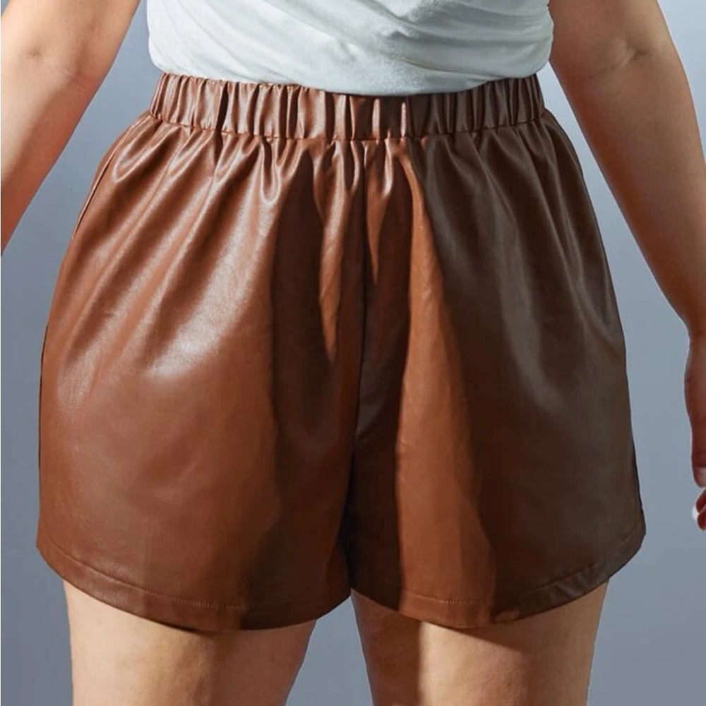 Brown Faux Leather Shorts Elastic Waist
